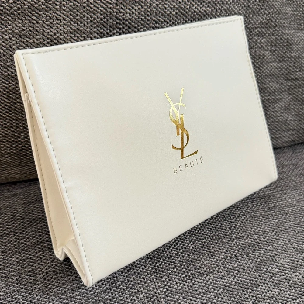 Yves Saint Laurent Beauty Cream Logo Pouch Makeup Bag Authentic New - Picture 5 of 11